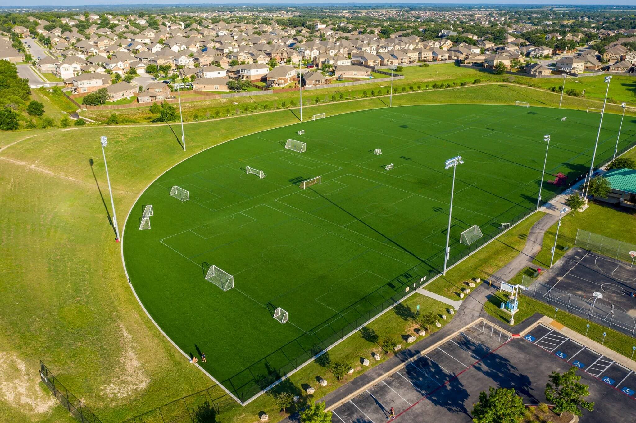 Aerial view of soccer fields and community recreational area